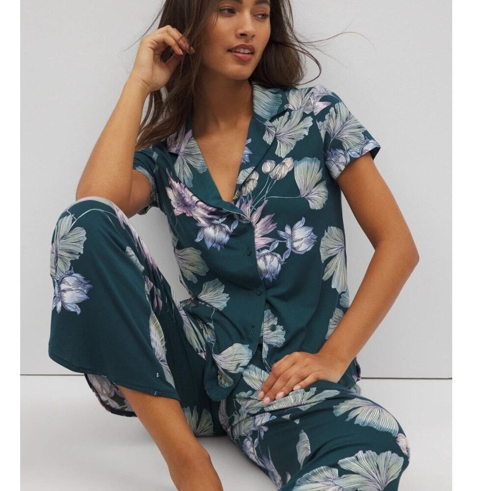 Soma Cool Nights Pajama Set Womens Large Haven Botanical Dark Sea 2-Piece PJs